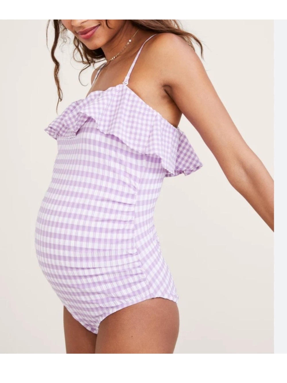 Hatch Maternity One Piece Ruffle Swimsuit Lilac Gingham M